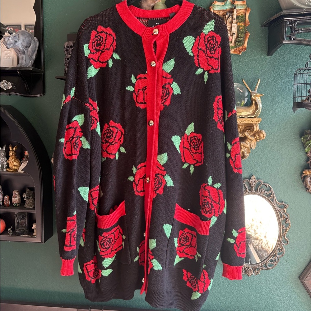 Lazy Oaf Black Cardigan with Red and Green Rose Design